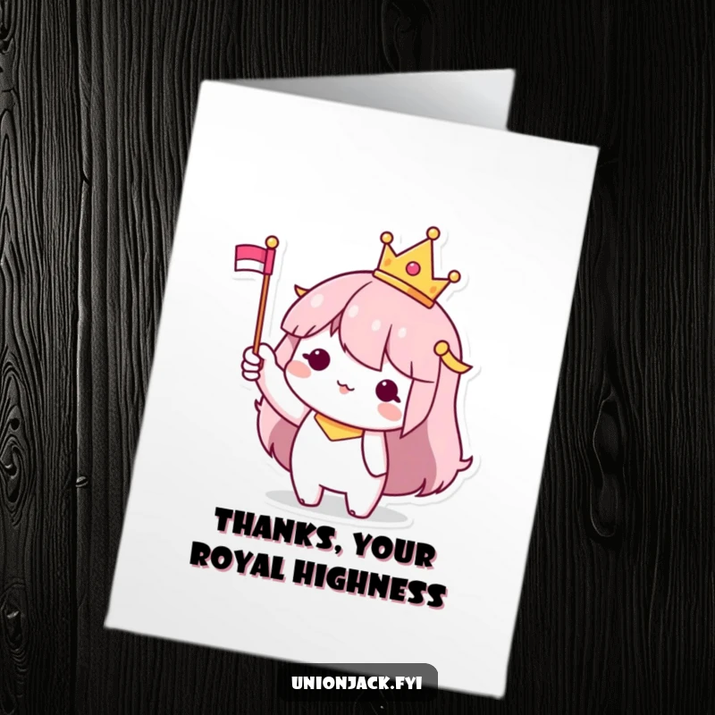 Funny Free Printable Thank You Card featuring a character in a small crown waving a flag, conveying thanks regally.