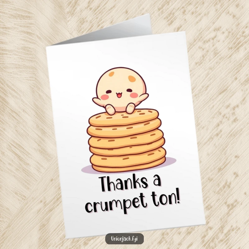Funny Free Printable Thank You Card with a character impressively balancing on a teetering stack of crumpets.