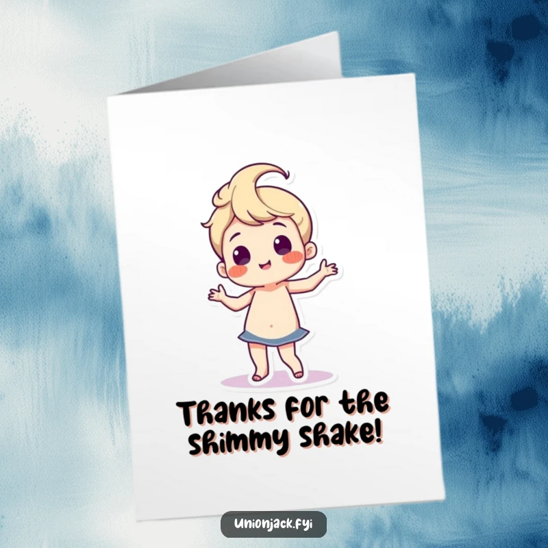 Funny Free Printable Thank You Card: Character doing a silly dance with wiggling hips, a fun and humorous way to say thank you.