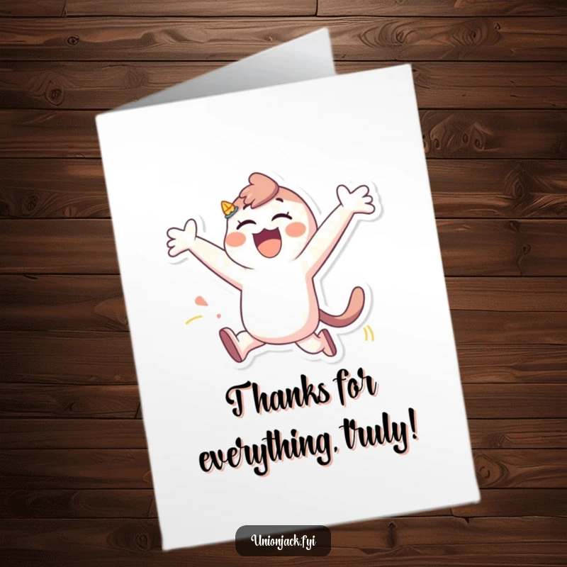 Funny free printable thank you card of a character leaping with joy and outstretched arms, expressing heartfelt thanks.