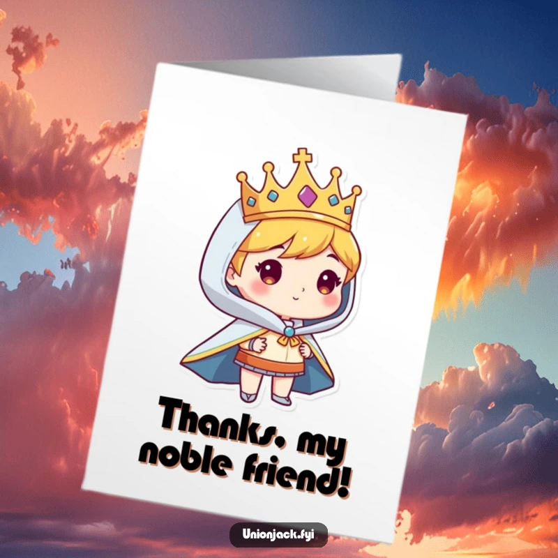 Free printable thank you card with a regal character in a crown and cape, conveying elegant thanks.