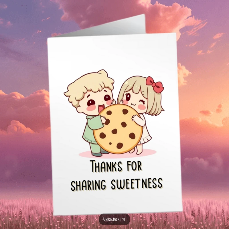Funny free printable thank you card: a character shares a giant cookie with a friend.