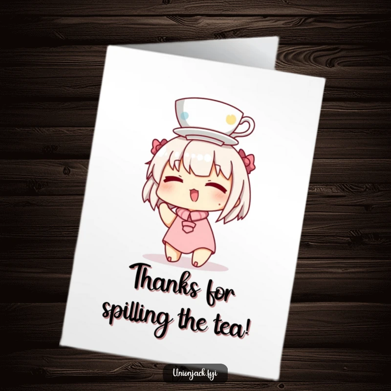 Funny Free Printable Thank You Card showcasing a winking character balancing a teacup on their head with style and humor.