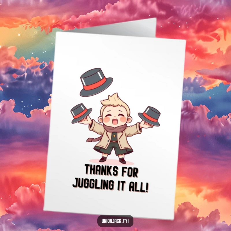 Funny free printable thank you card of a character juggling small bowler hats, a whimsical way to express thanks.