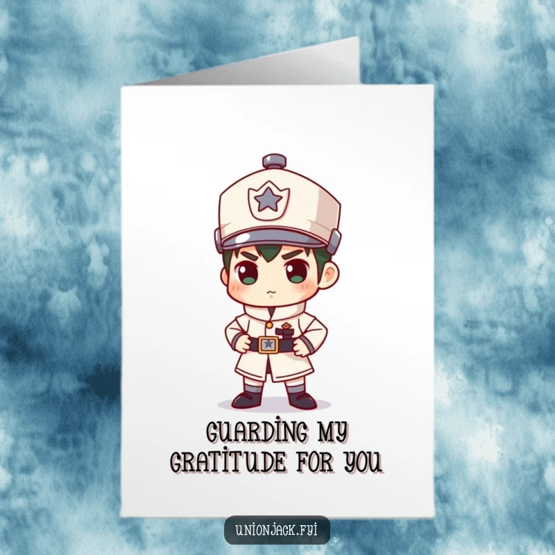 Funny Free Printable Thank You Card: Character striking a rigid, official guard pose for a humorous thank you.