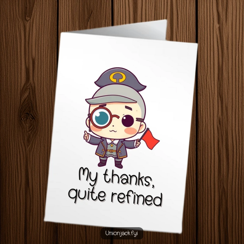 Free Printable Thank You Card: Character wearing a monocle proudly holds a small flag, a distinguished way to express thanks.
