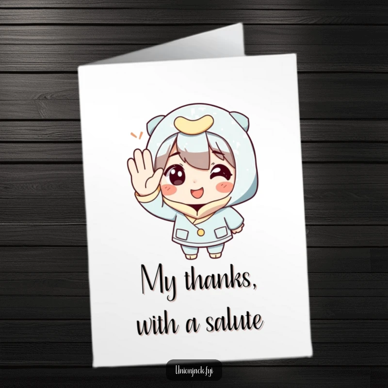 Funny Free Printable Thank You Card with a character giving a comically polite salute, a humorous way to express gratitude.