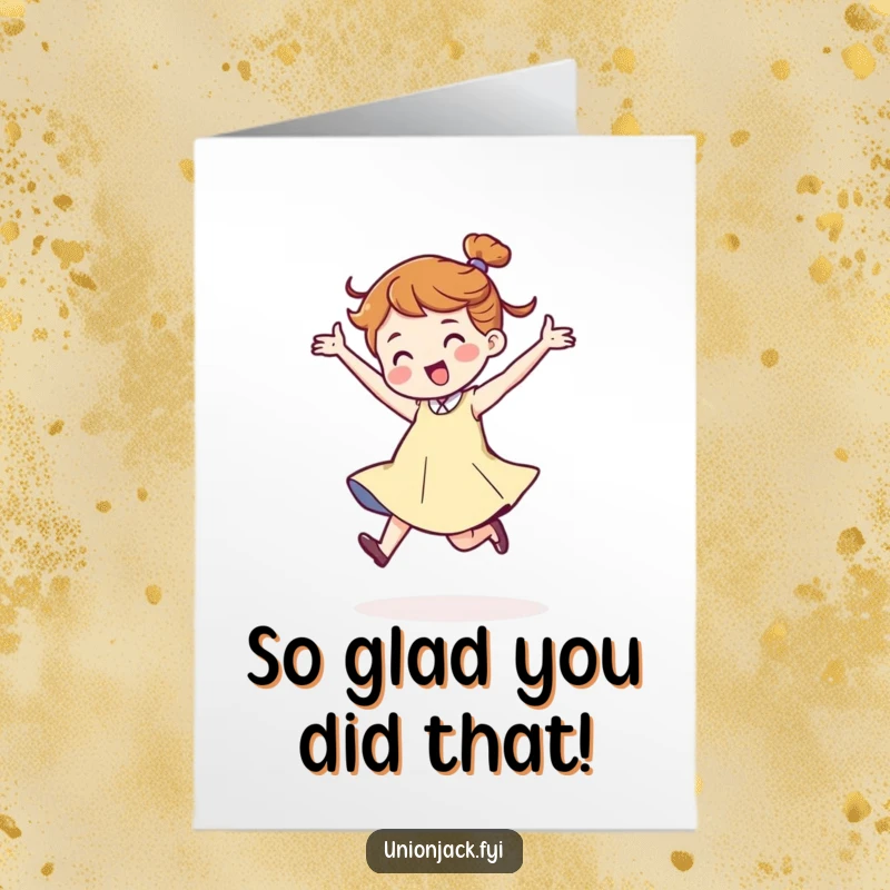 Funny free printable thank you card features a character in a joyful dance, conveying energetic and heartfelt appreciation.
