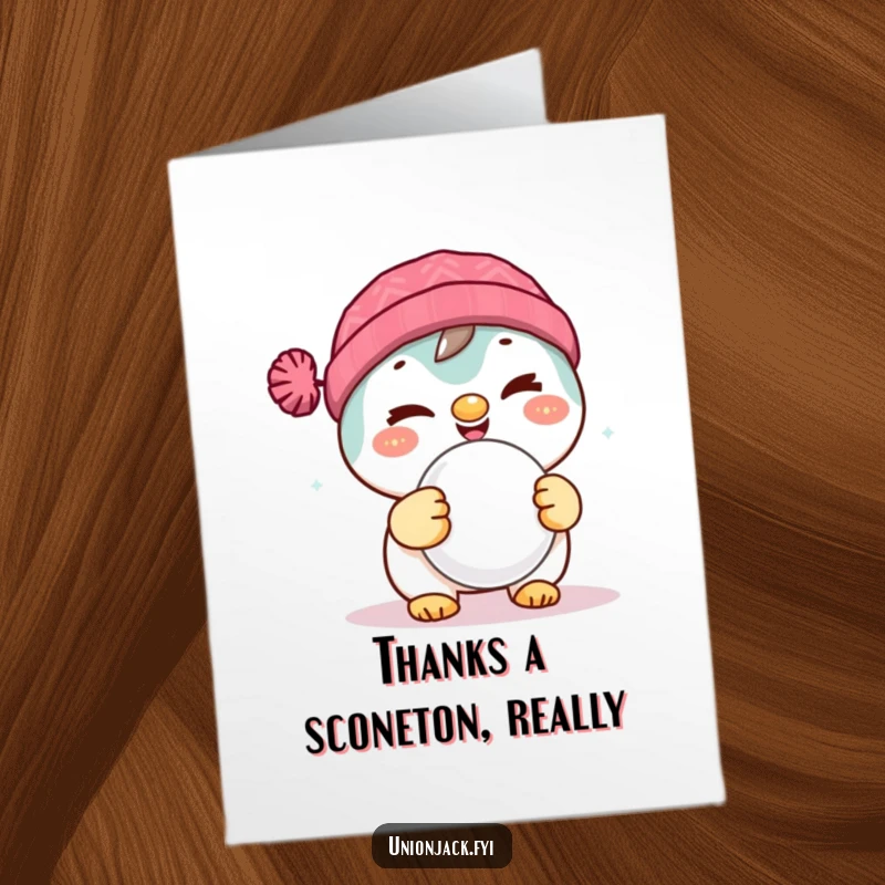 Funny Free Printable Thank You Card: Character winks mischievously holding a scone, a humorous way to say thank you.