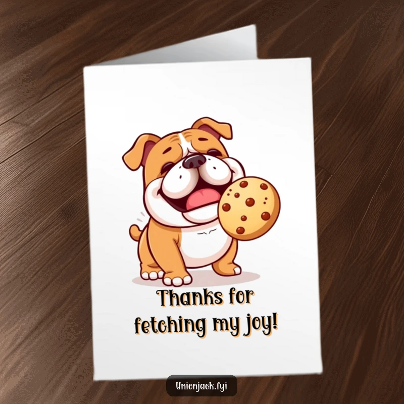Funny Free Printable Thank You Card: Cheerful bulldog comically playing fetch with a bouncy scone, a cute and funny way to say thanks.