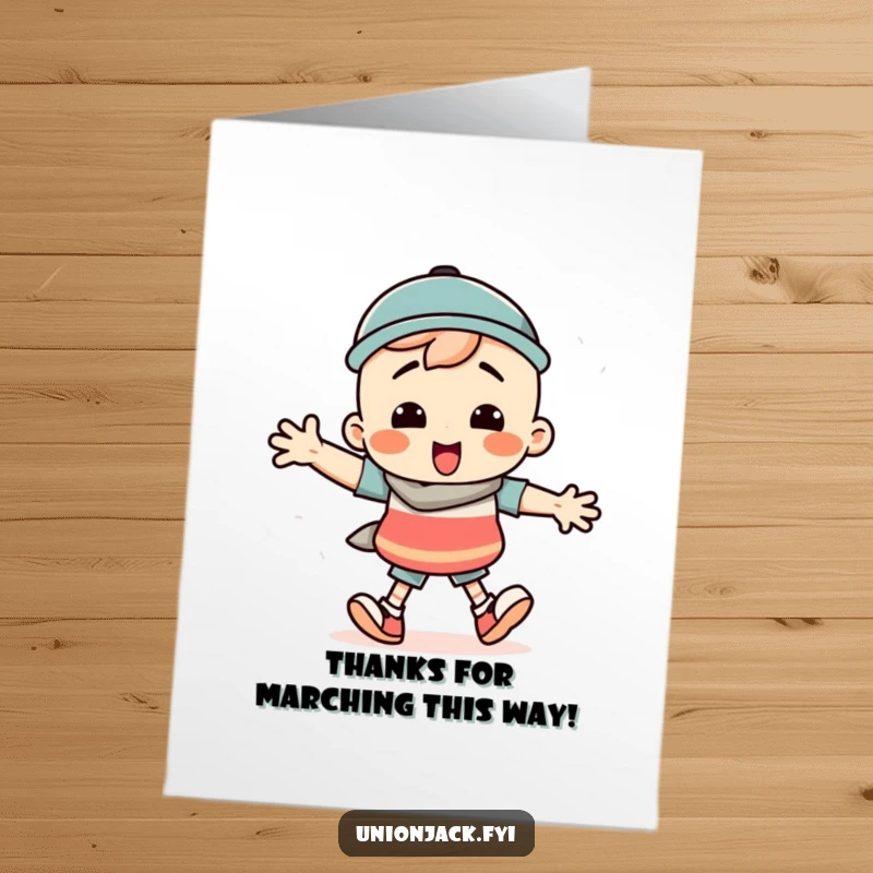 Funny Free Printable Thank You Card: Character doing a silly march with exaggerated steps, a comical thank you gesture.