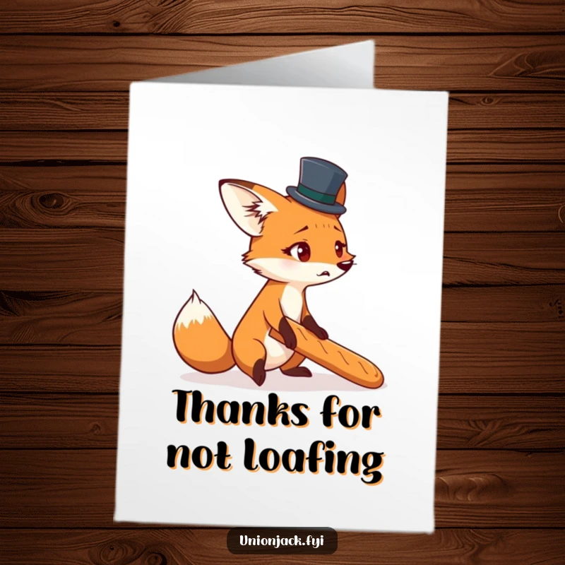 Funny Free Printable Thank You Card: Startled Fox in Tiny Top Hat Comically Tripping Over a Baguette