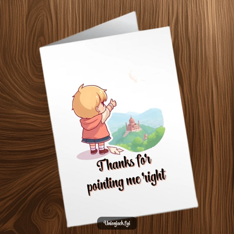 Funny Free Printable Thank You Card: Character pointing towards a distant landmark, expressing thanks for guidance, a downloadable message.