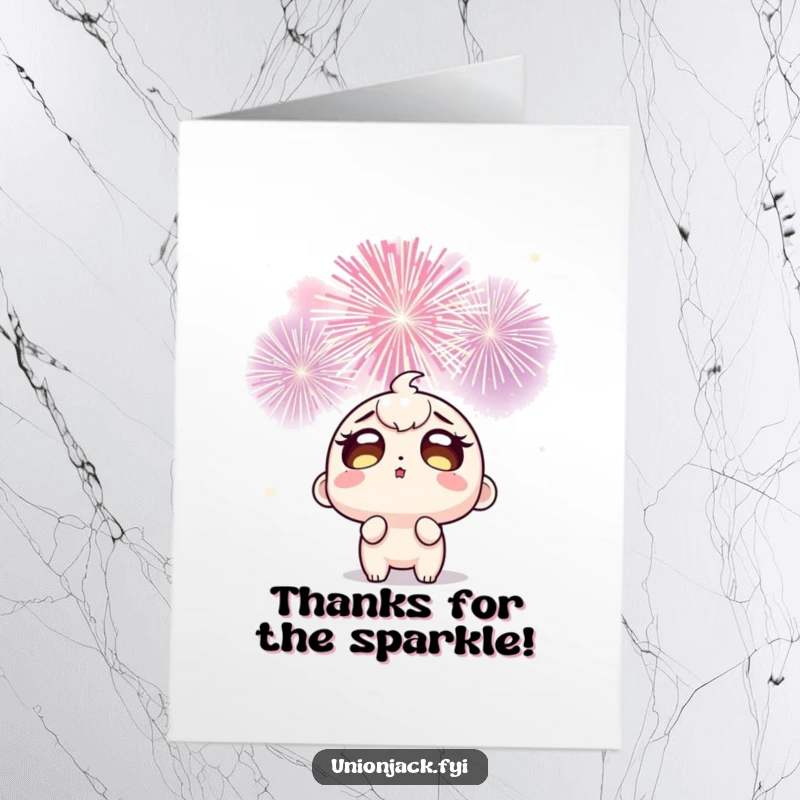 Funny Free Printable Thank You Card: Character gazing in awe at fireworks, conveying immense gratitude.