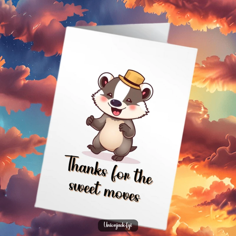 Funny free printable thank you card: A badger in a tiny bowler hat attempts a humorous waltz, expressing thanks.
