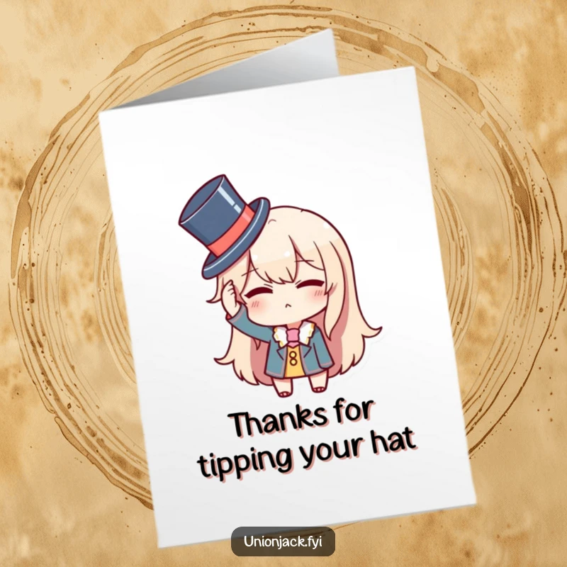Funny Free Printable Thank You Card: Character adjusting a tiny top hat with a roguish wink, offering a stylish and funny thank you.