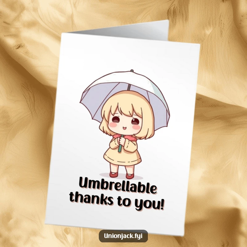 Funny Free Printable Thank You Card: A cute character joyfully holds a small brolly open, enjoying the non-existent rain.