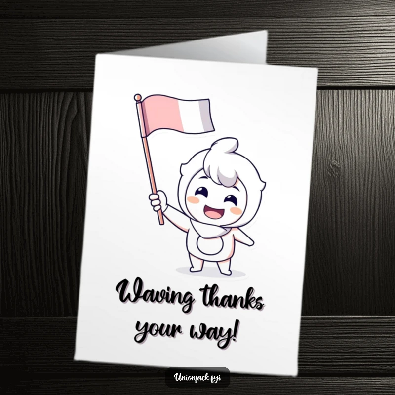 Funny Free Printable Thank You Card: A character with a cheerful grin enthusiastically waves a flag, expressing thanks joyfully.