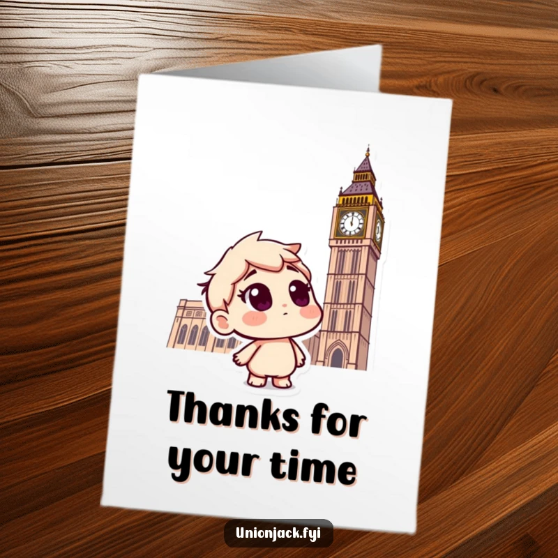 Funny Free Printable Thank You Card: Curious character ponders Big Ben, offering a unique and humorous thank you.