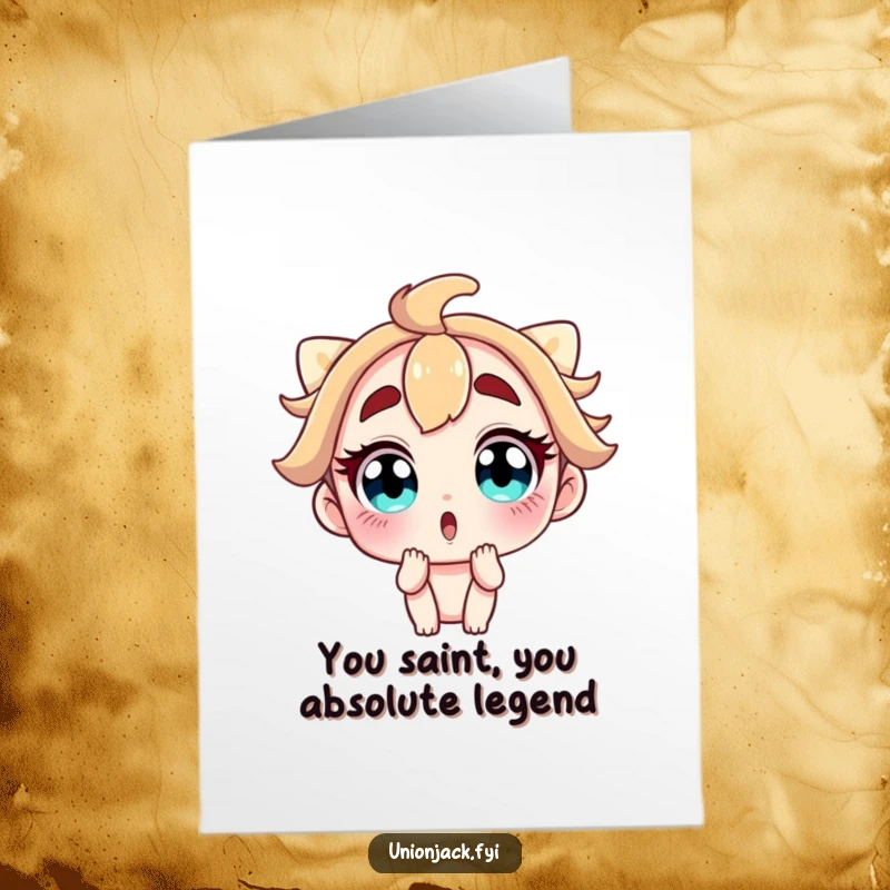 Funny Free Printable Thank You Card with a character looking astonished and grateful. DIY downloadable thanks.