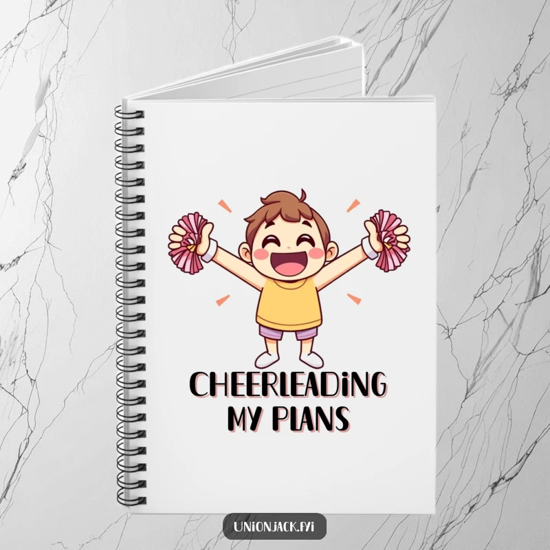 Funny notebook with a jovial character cheering with pom-poms, perfect for brainstorming and jotting down bright ideas.