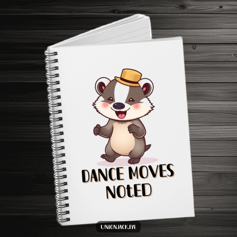 Funny badger notebook cover shows a delighted badger in a bowler hat, attempting to waltz, inspiring creative and humorous note-taking.
