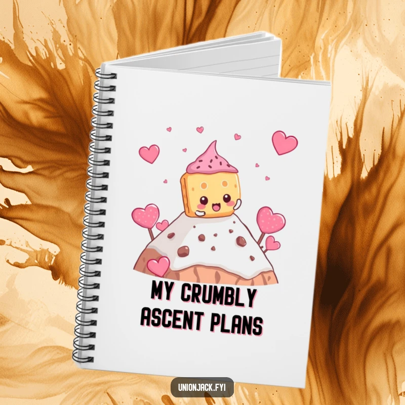Funny biscuit notebook with a determined character comically climbing a teacake mountain, for jotting adventures.