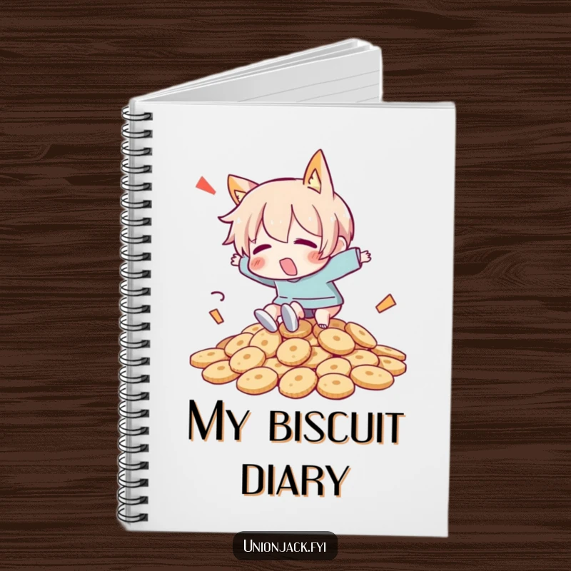 Funny notebook cover with a character comically tripping over a pile of biscuits, ideal for jotting down funny ideas.