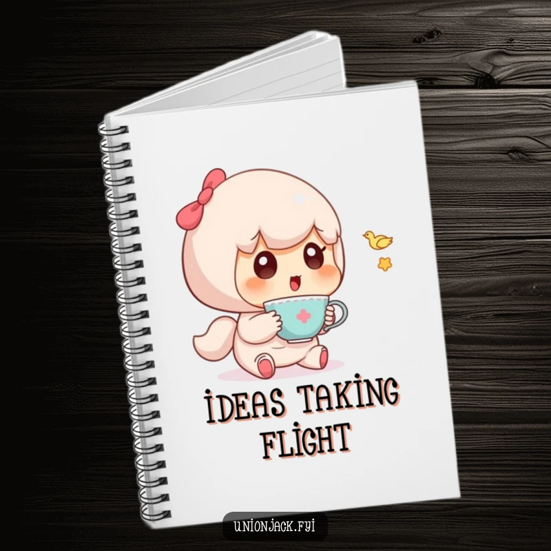Funny notebook featuring a cute character surprised by a tiny, flying teacup, ideal for capturing ideas.