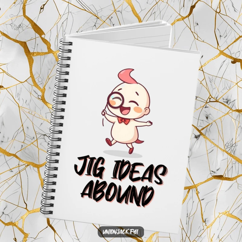 Funny notebook cover with a character joyfully doing a little jig while wearing a monocle, perfect for elegant note-taking.