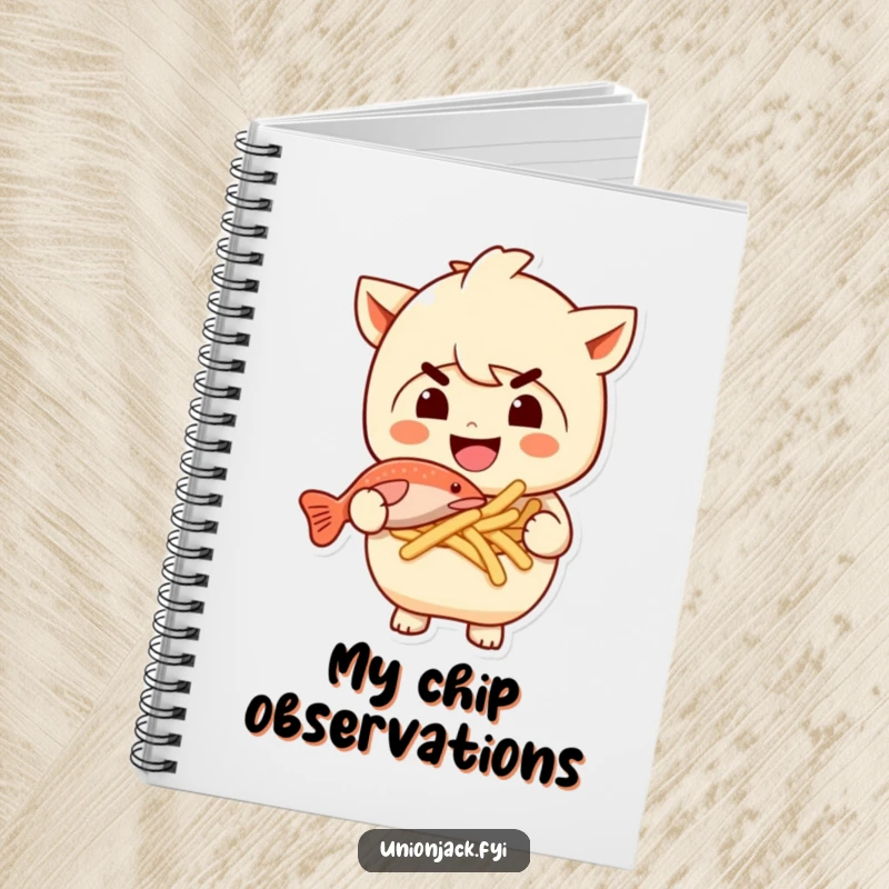 Funny notebook featuring a character with a mischievous grin holding fish and chips. Great for jotting down food ideas or doodles.