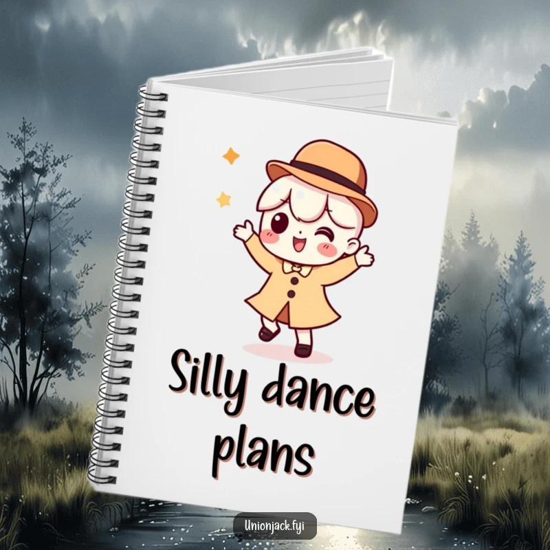 Funny notebook with a character doing a silly dance and wearing a bowler hat on the cover, perfect for jotting down creative thoughts.
