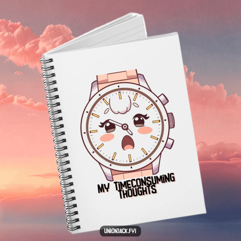 Funny notebook with a surprised character, raised eyebrows, looking with admiration at a large watch face, perfect for jotting down thoughts with wonder.