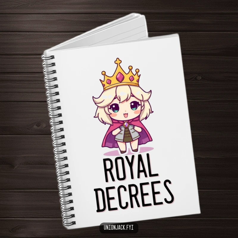 Funny notebook cover with a character looking regal in a crown and cape, ready for notes and royal decrees.
