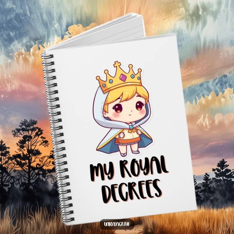Funny notebook with a character looking regal in a crown and cape, ideal for humorous note-taking.