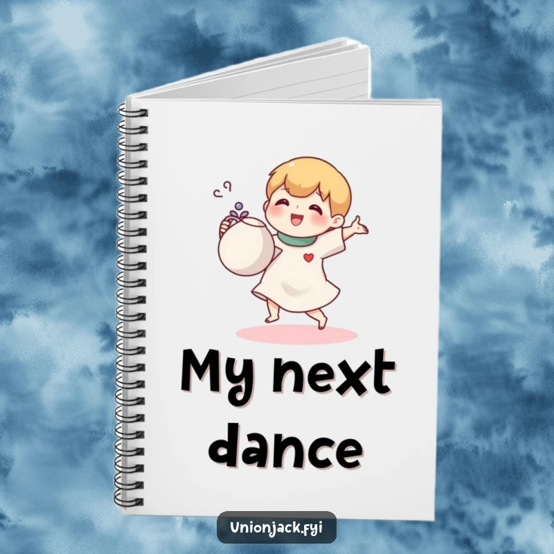 Funny notebook with a small cartoon character joyfully doing a jig with a teapot, perfect for capturing notes playfully.