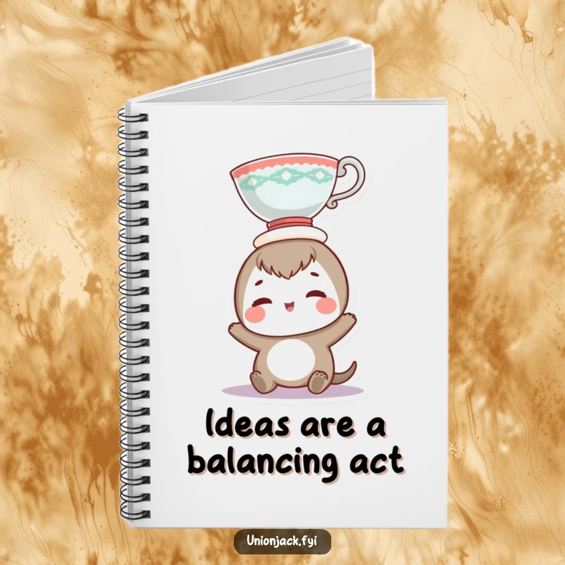 Funny notebook with a cheerful character balancing a teacup on its head, designed for jotting down notes with a humorous touch.