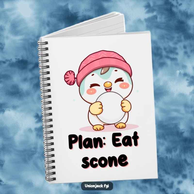 Funny notebook featuring a delighted character winking cheekily while holding a scone, perfect for jotting down recipes or notes.