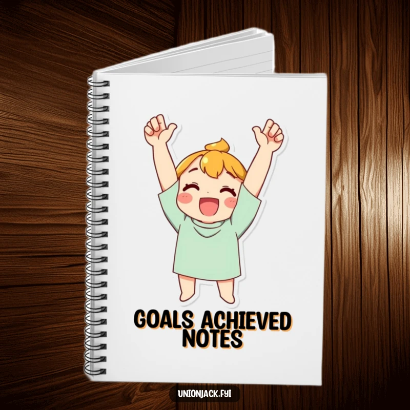 Funny Notebook: Character cheering with arms raised in triumph, symbolizing organized thoughts and successful planning.