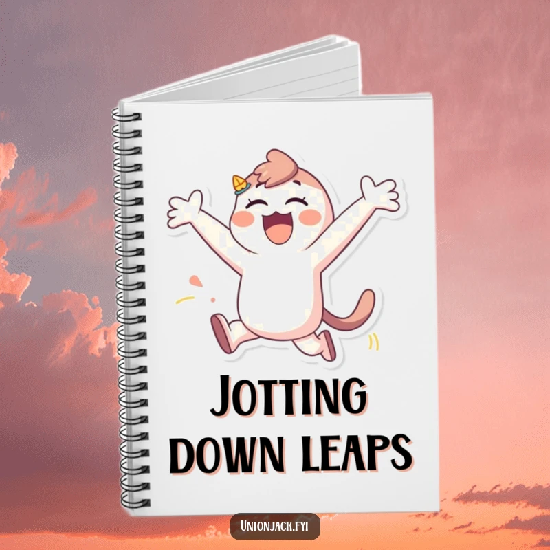 Funny notebook cover with a character performing a joyous, playful leap, inspiring creativity and boundless energy for note-taking.