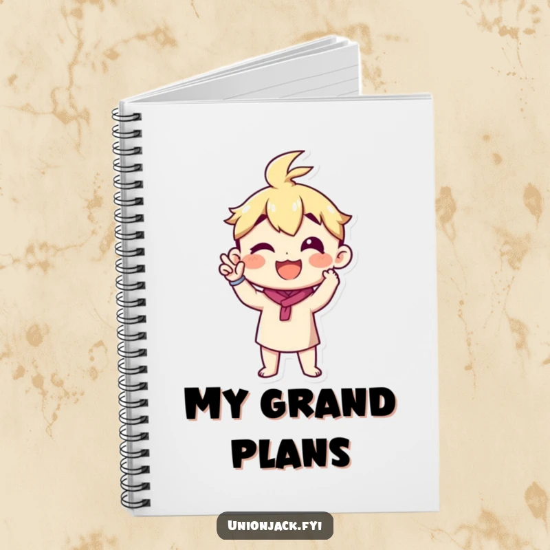 Funny notebook with a character making a proud announcement gesture, ideal for writing.