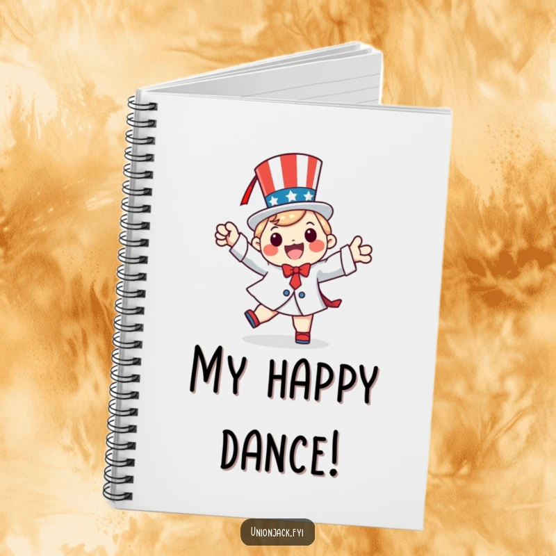 Funny notebook designed with a happy character doing a patriotic jig, perfect for jotting down festive ideas.