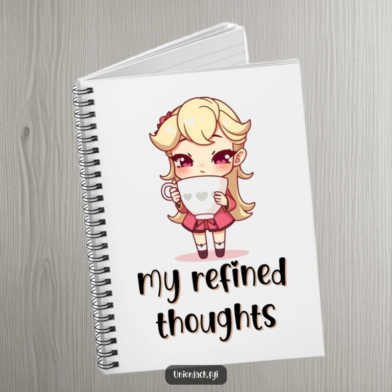 Funny notebook cover with a character holding a teacup with an exaggeratedly sophisticated pose, ideal for jotting down notes with an elegant, humorous theme.