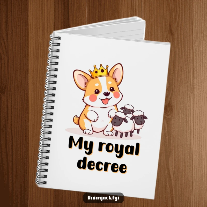 Funny notebook with a playful corgi in a miniature crown, comically herding sheep, for creative notes.
