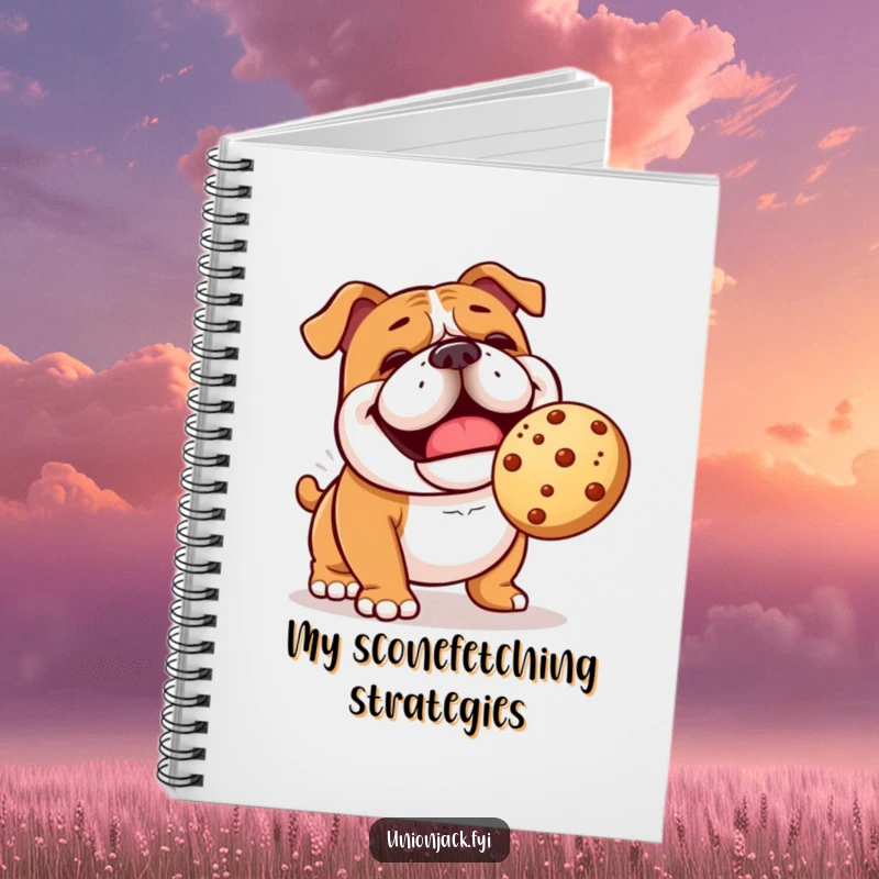 Funny bulldog notebook with a cheerful character comically playing fetch with a bouncing scone, for jotting notes.
