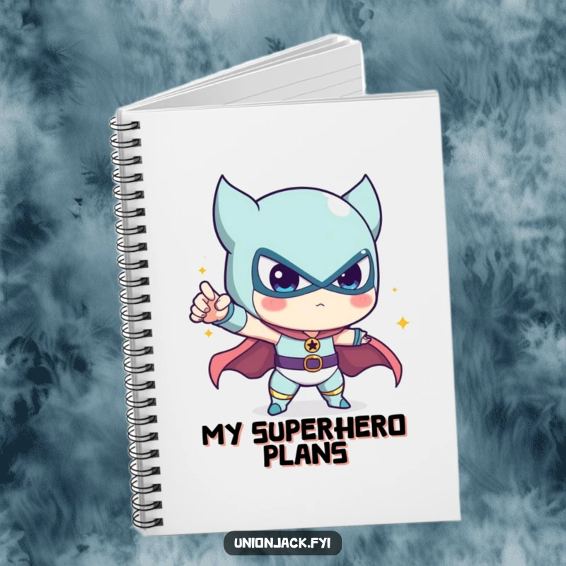 Funny notebook with a cute character in a powerful, heroic pose, designed for jotting down heroic ideas.