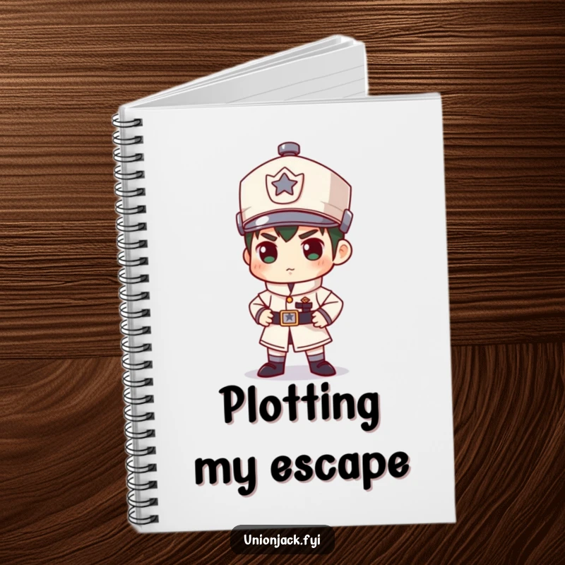 Funny notebook cover featuring a character in a comically stiff and formal guard stance, perfect for jotting down important notes.