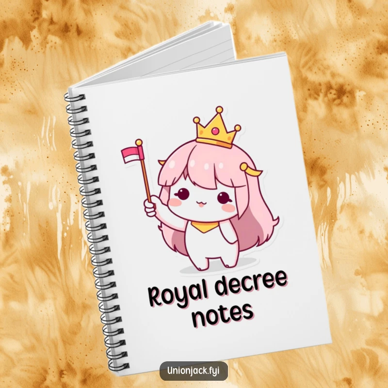 Funny Notebook: Character with a tiny crown and flag, symbolizing neat organization and regal thoughts.