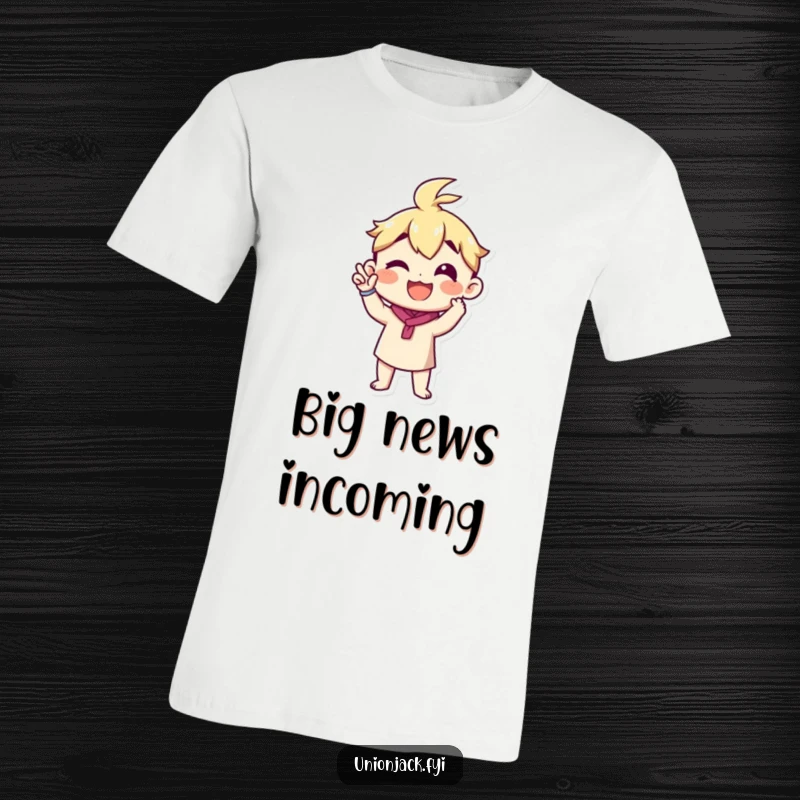 Funny t-shirt with a character making a proud announcement gesture, perfect for sharing news with humor.