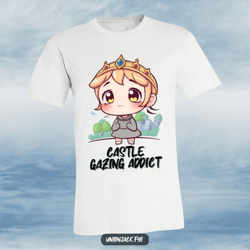 Funny t-shirt depicting a character with wide, expressive eyes staring longingly at a grand castle far in the distance.